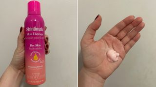 Split image of hand holding up Skintimate Skin Therapy Dry Skin Women's Shave Gel with pump of pink gel in palm against grey wall