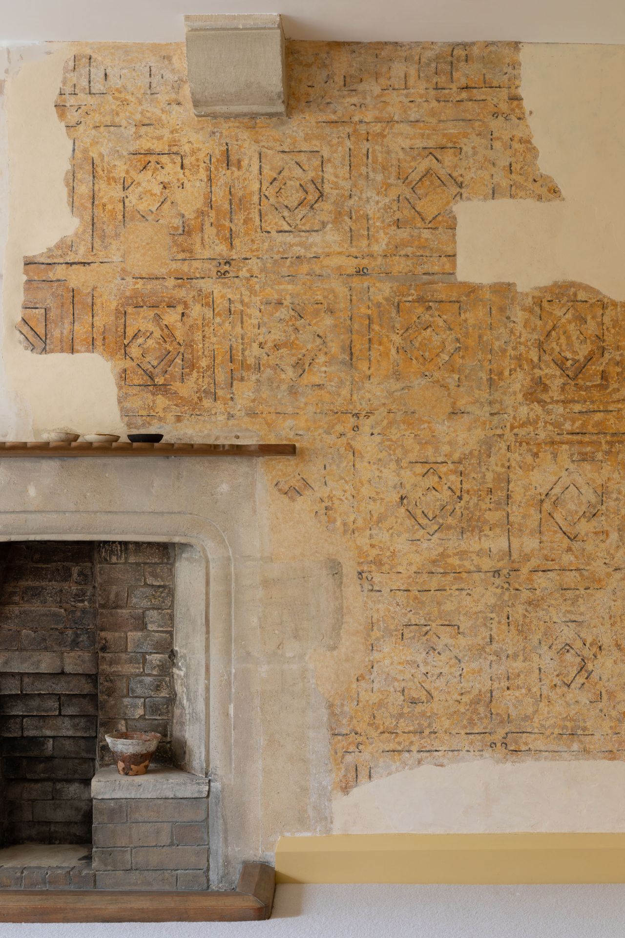 Peeling paint design and stone firplace