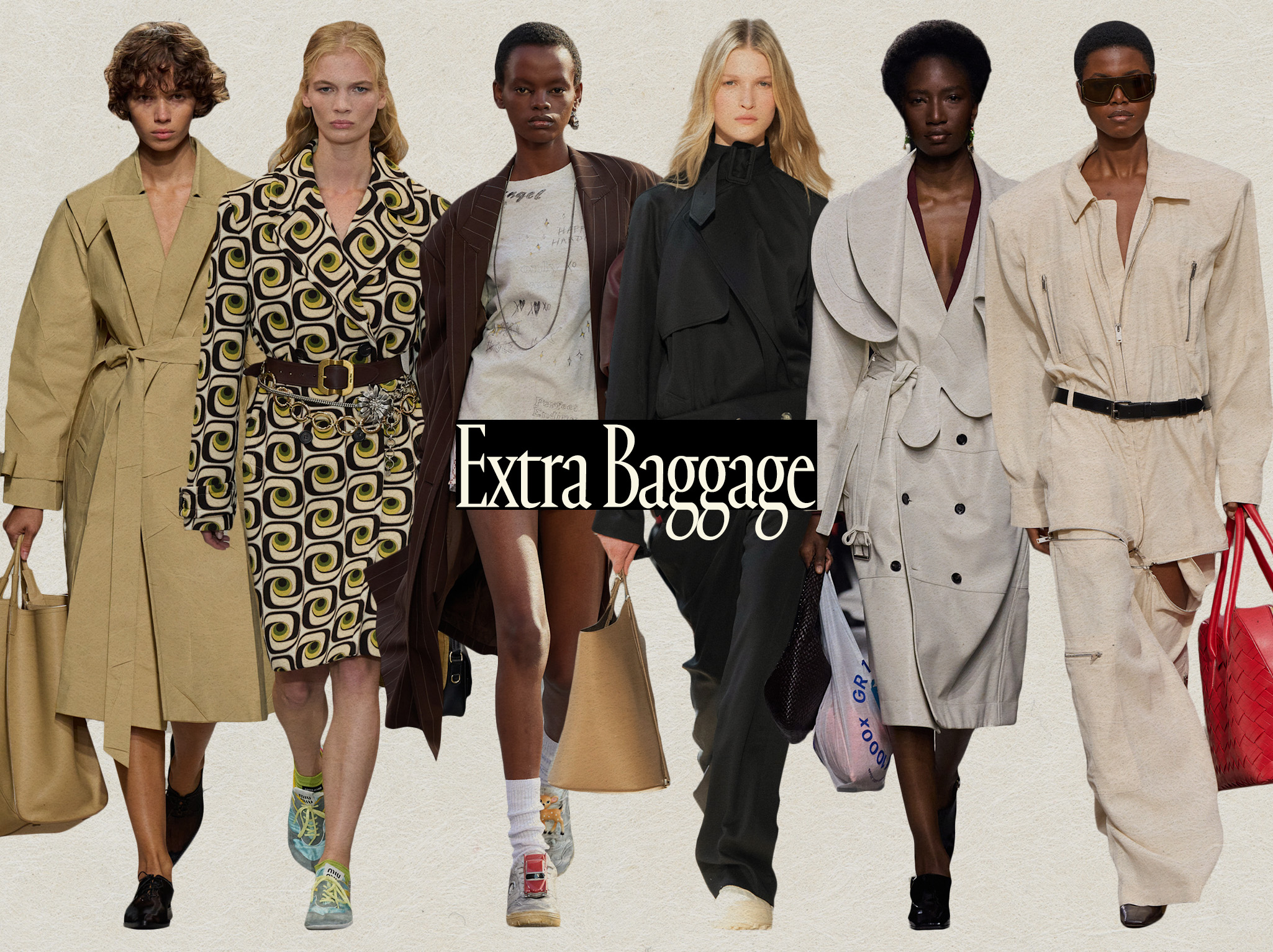 A collage of runway images showing double bags and oversize bags in the collections of Victoria Beckham, Miu Miu, Coach, Proenza Schouler, Bottega Veneta, and Stella McCartney.