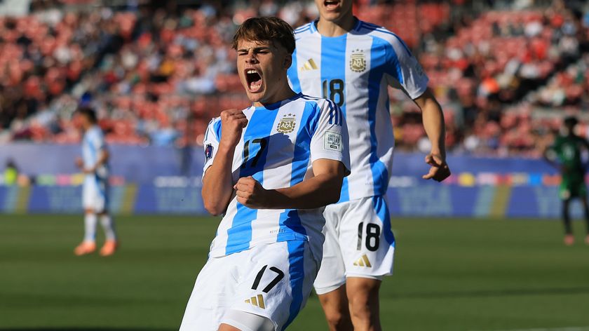 Mateo Silvetti of Argentina celebrates after scoring his team&#039;s fourth goal during the FIFA U-20 World Cup Chile 2025 Round of 16 match between Argentina and Nigeria at Estadio Nacional Julio Martínez Prádanos on October 08, 2025 in Santiago, Chile. 