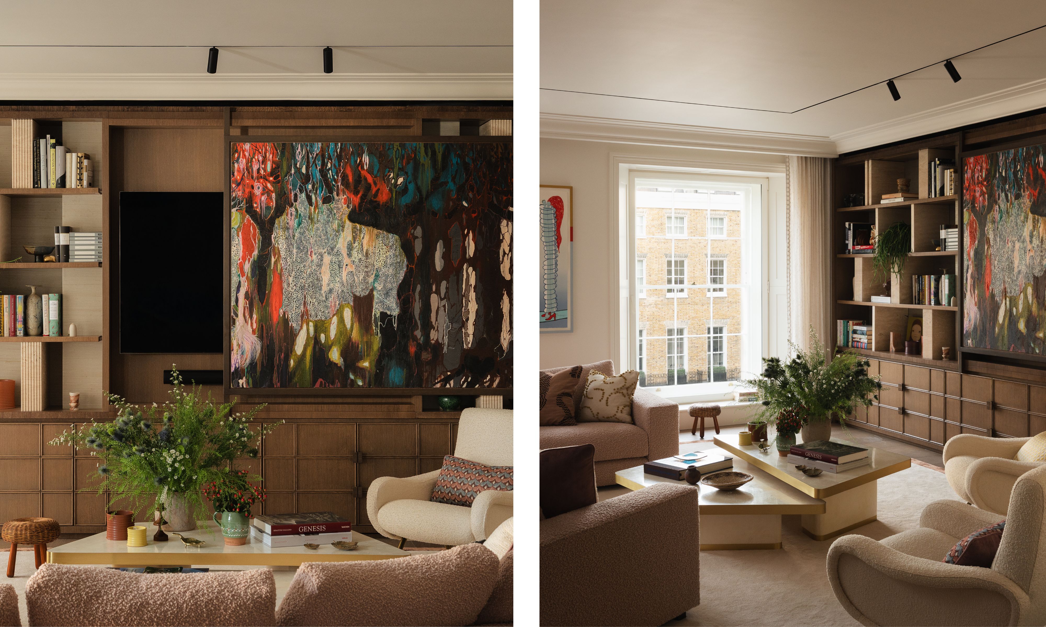 two shots of the same living room from different angles, with wood joinery, modern cream furniture and art sliding over a TV