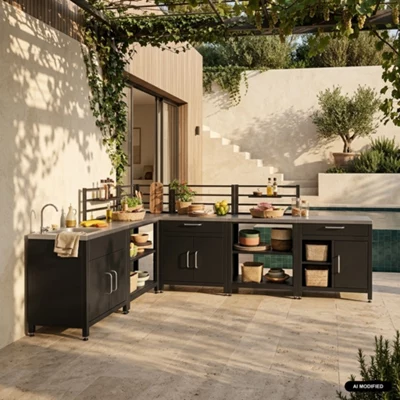 Sweeek - 6-Module Stainless Steel Outdoor Kitchen Furniture Set, Grimaud 6 Modules, Black, 52.5x80x114 Cm