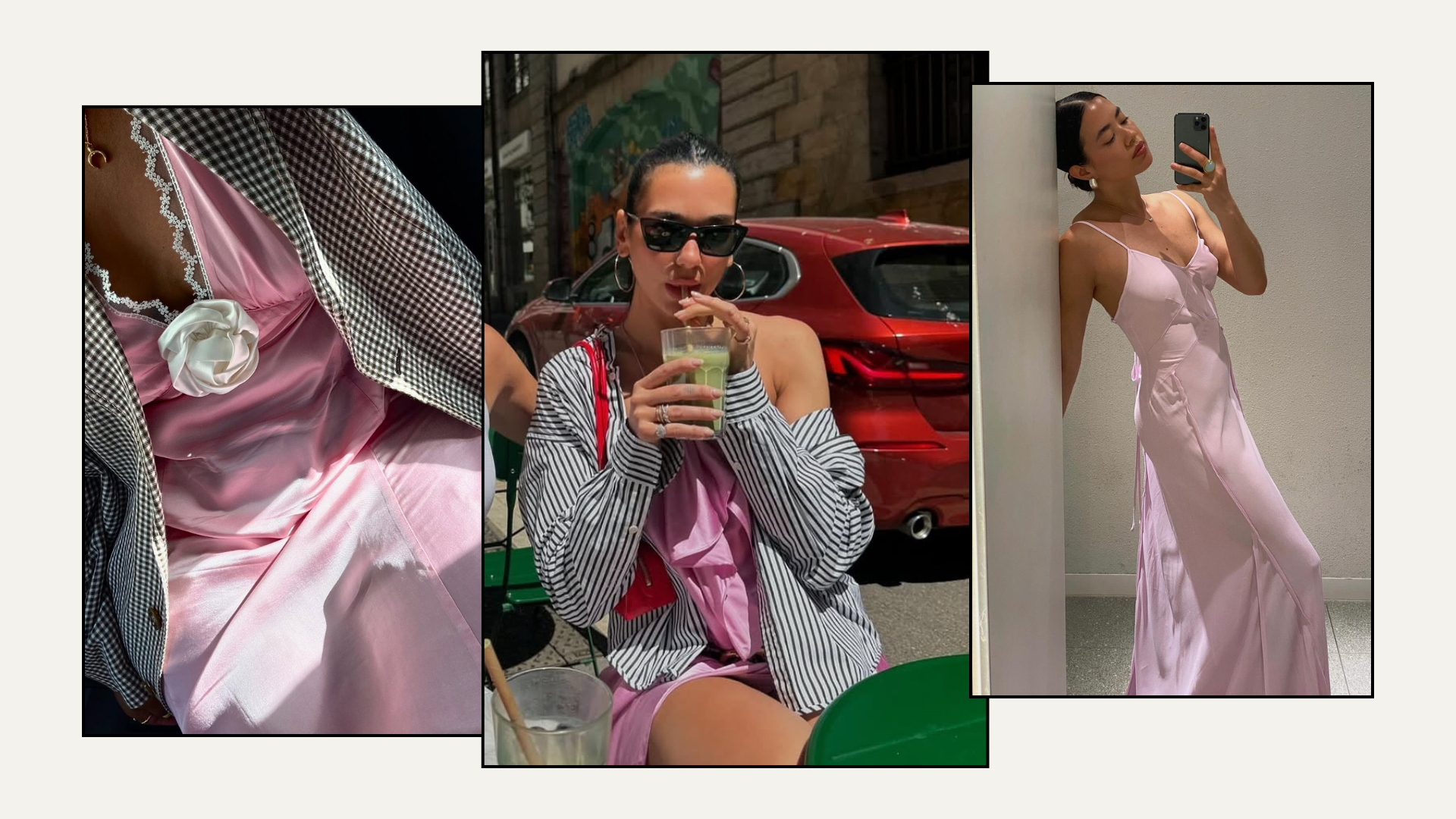 Three fashion people wearing the light pink dress trend.