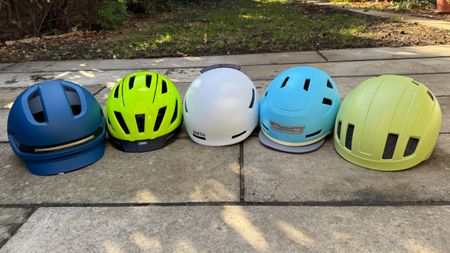 A selection of the best e-bike helmets on patio