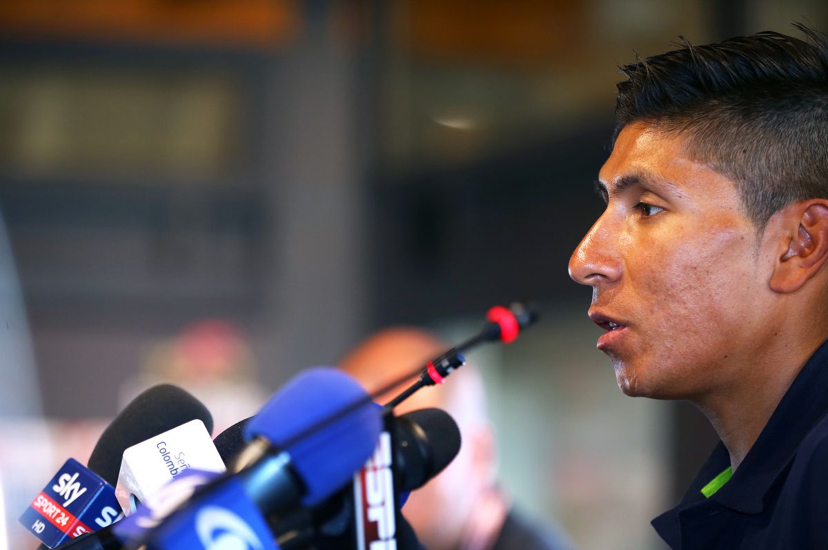 Nairo Quintana (Movistar) answering questions from the press