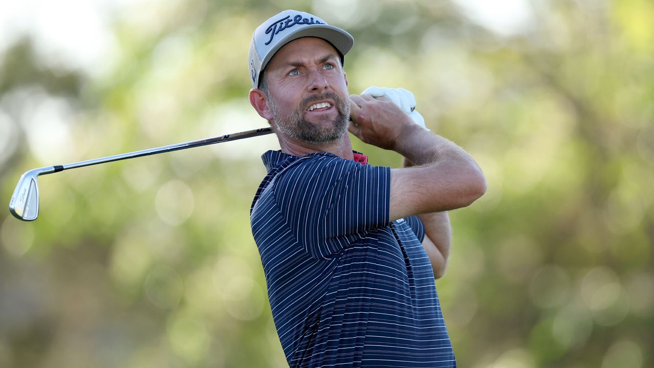 Webb Simpson takes a tee shot at the Valero Texas Open