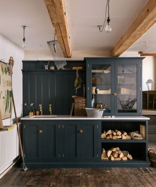 rustic scullery with dark blue cabinets and wood flooring