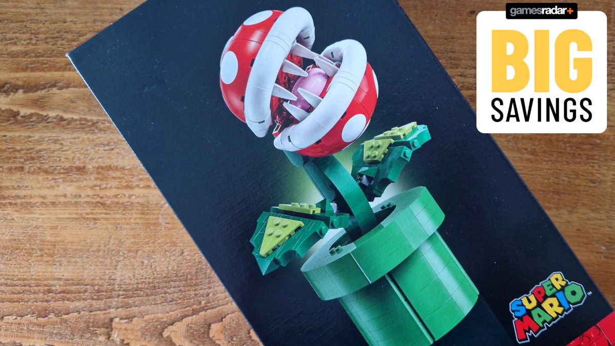 Lego Piranha Plant box on a wooden table with a &#039;big savings&#039; badge in the top right-hand corner