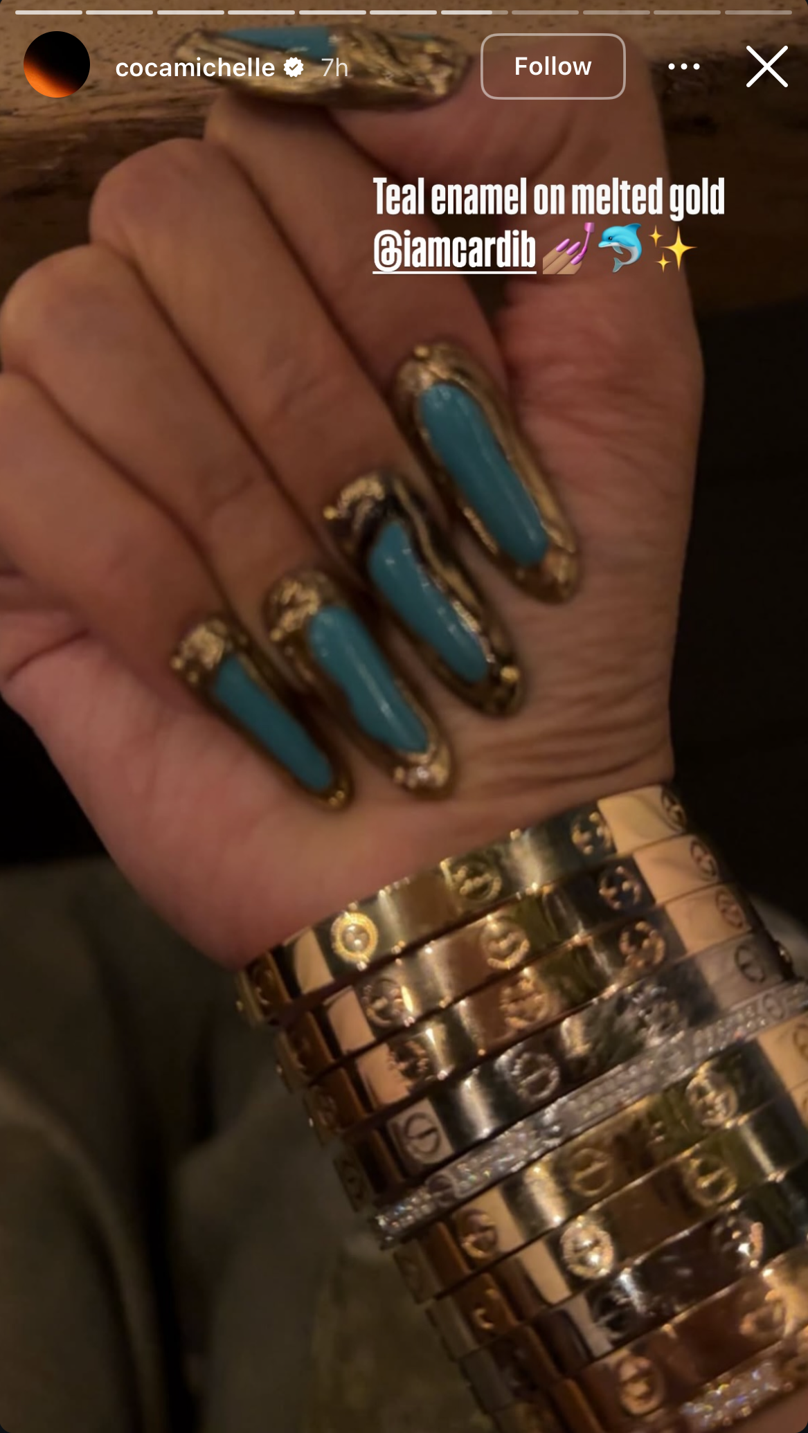 teal nails with gold borders