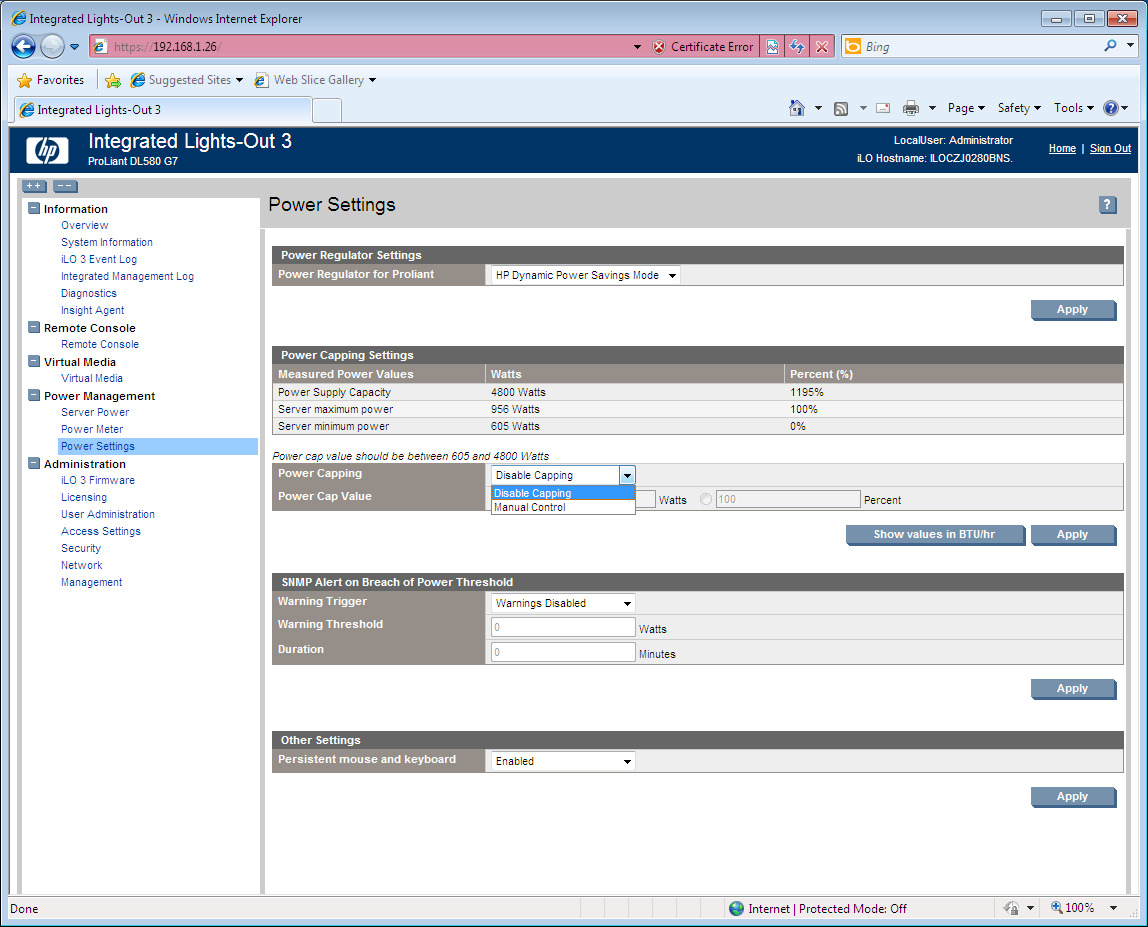 HP&rsquo;s iLO3 provides plenty of power controls and allows you to cap usage to a percentage of total available power.