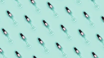 collage of serum droppers on blue green background