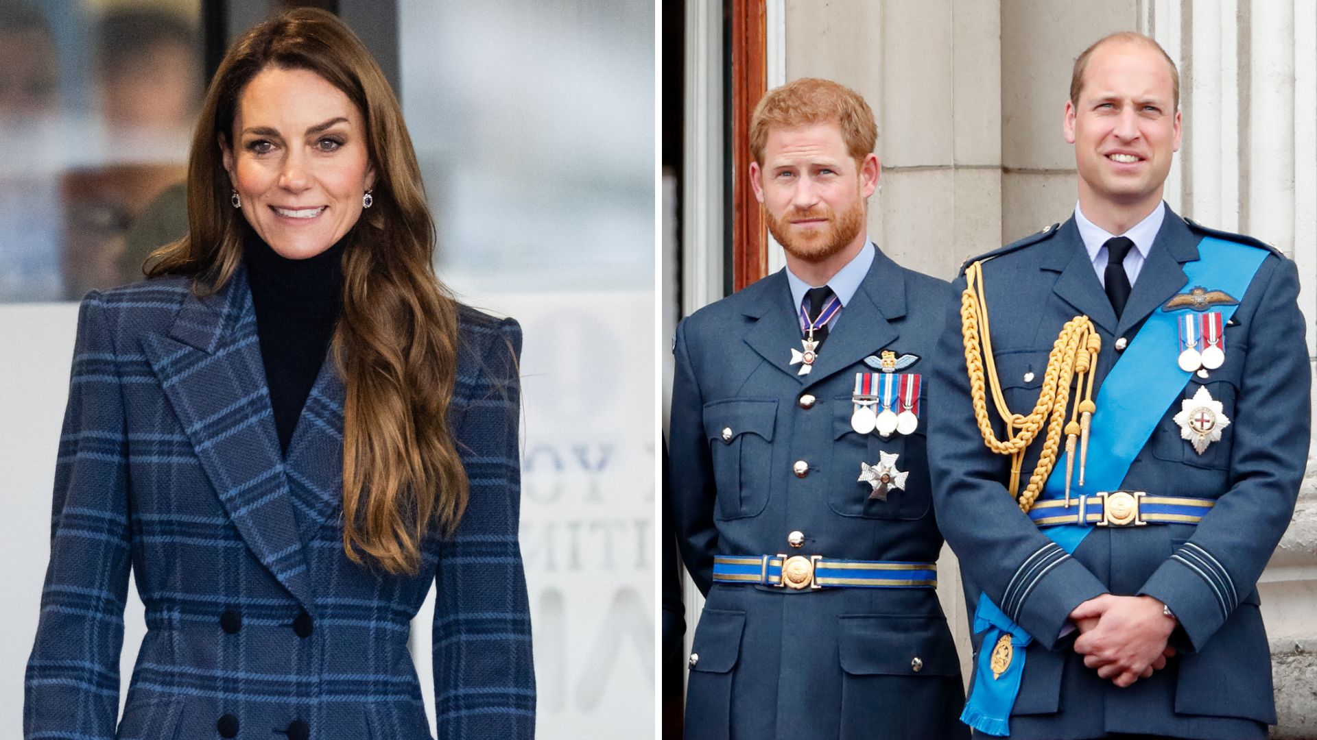 A composite of a picture of Kate Middleton in 2026 and a picture of Princes William and Harry in 2018