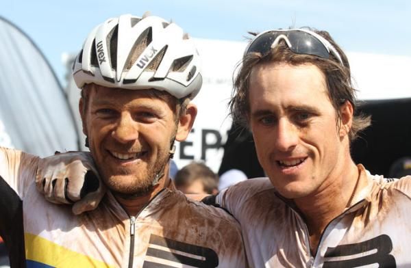 Karl Platt and Stefan Sahm of the Bulls after winning the second stage