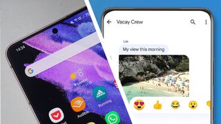 The Samsung Galaxy S21 next to a smartphone with Google Messages 