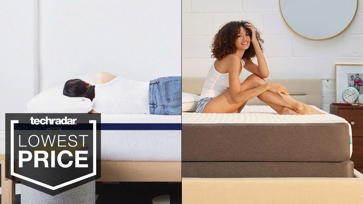 A montage of the Helix Midnight and Cocoon by Sealy Chill mattresses, with a badge overlaid saying &quot;LOWEST PRICE&quot;