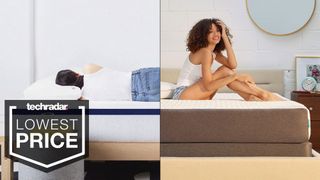 A montage of the Helix Midnight and Cocoon by Sealy Chill mattresses, with a badge overlaid saying "LOWEST PRICE"