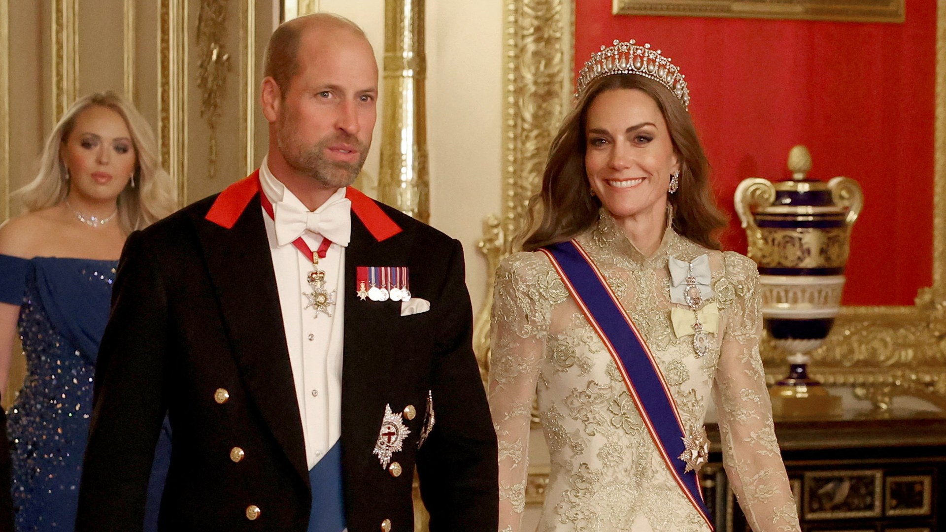 WINDSOR, ENGLAND - SEPTEMBER 17: Britain&#039;s William, Prince of Wales and Catherine, Princess of Wales walk to attend the State Banquet at Windsor Castle during the State visit by the President of the United States of America on September 17, 2025 in Windsor, England. President Trump is in England from Sept. 16-18 on his second UK state visit, with the previous one taking place in 2019 during his first presidential term. (Photo by Phil Noble - WPA Pool/Getty Images)