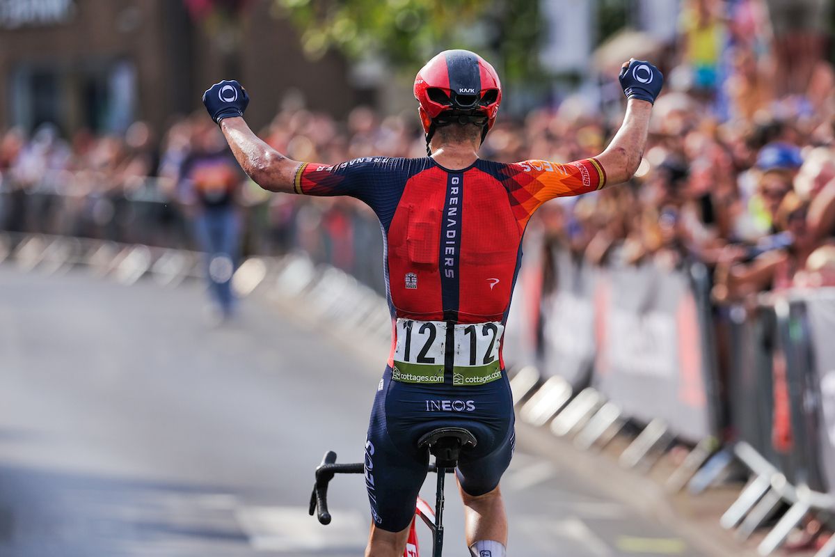 Picture by Alex Whitehead/SWpix.com - 10/09/2023 - Cycling - 2023 Tour of Britain - Stage 8: Margam Country Park to Caerphilly (166.8km) - Carlos Rodriguez of Team INEOS Grenadiers Celebrating his victory in Stage 8 of the 2023 Tour of Britain in Caerphilly