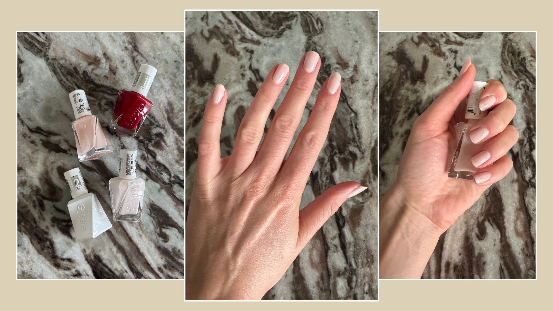 A collage with photos of Eleanor&#039;s hand using and wearing the Essie Gel Couture Nail Polish
