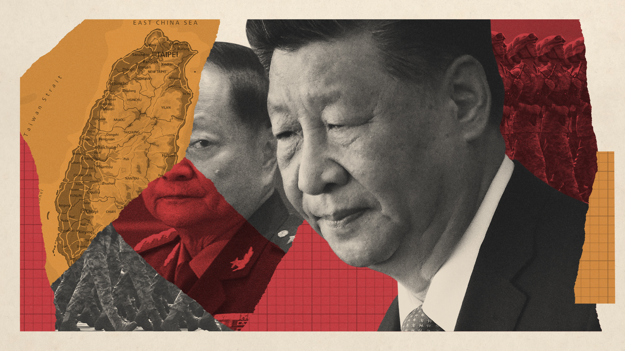 Photo composite illustration of Xi Jinping, Zhang Youxia, a map of Taiwan and Chinese soldiers