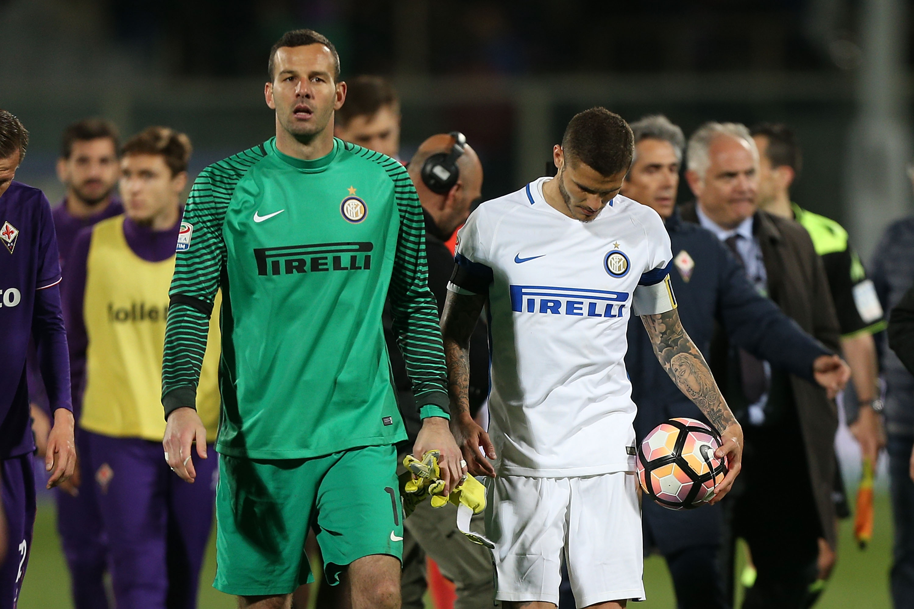 A dejected Mauro Icardi leaves the pitch with the match ball following his hat-trick in a 5-4 defeat for Inter away to Fiorentina in April 2017.