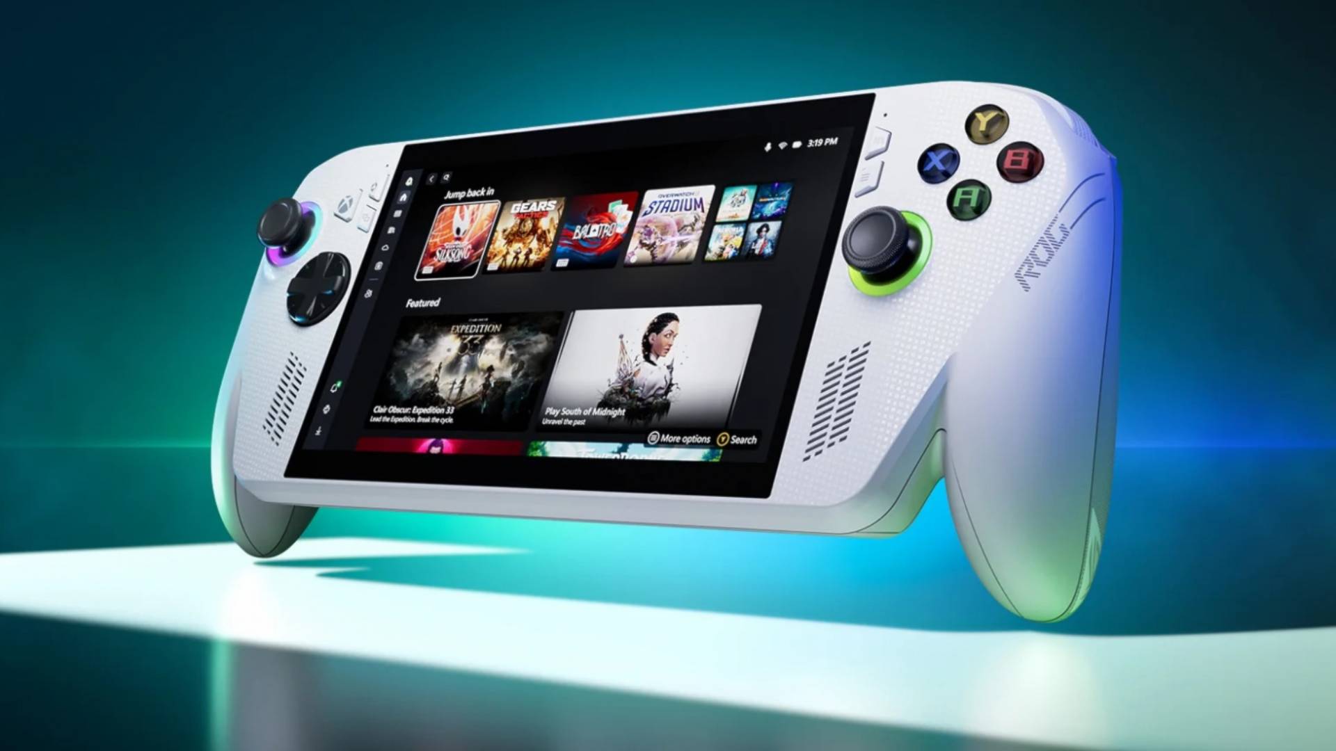 White ROG Xbox Ally handheld with teal backdrop.