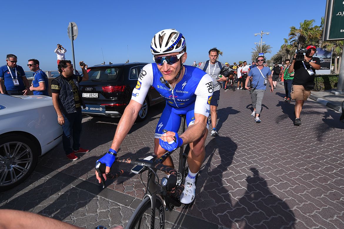 Marcel Kittel pumps his fist in joy after winning the opening stage of the Dubai Tour