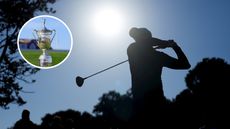 The silhouette of a golfer hits a drive with the sun overhead, and the US Open trophy sits top left