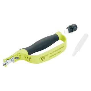 Lime yellow and grey blade sharpener on a white background