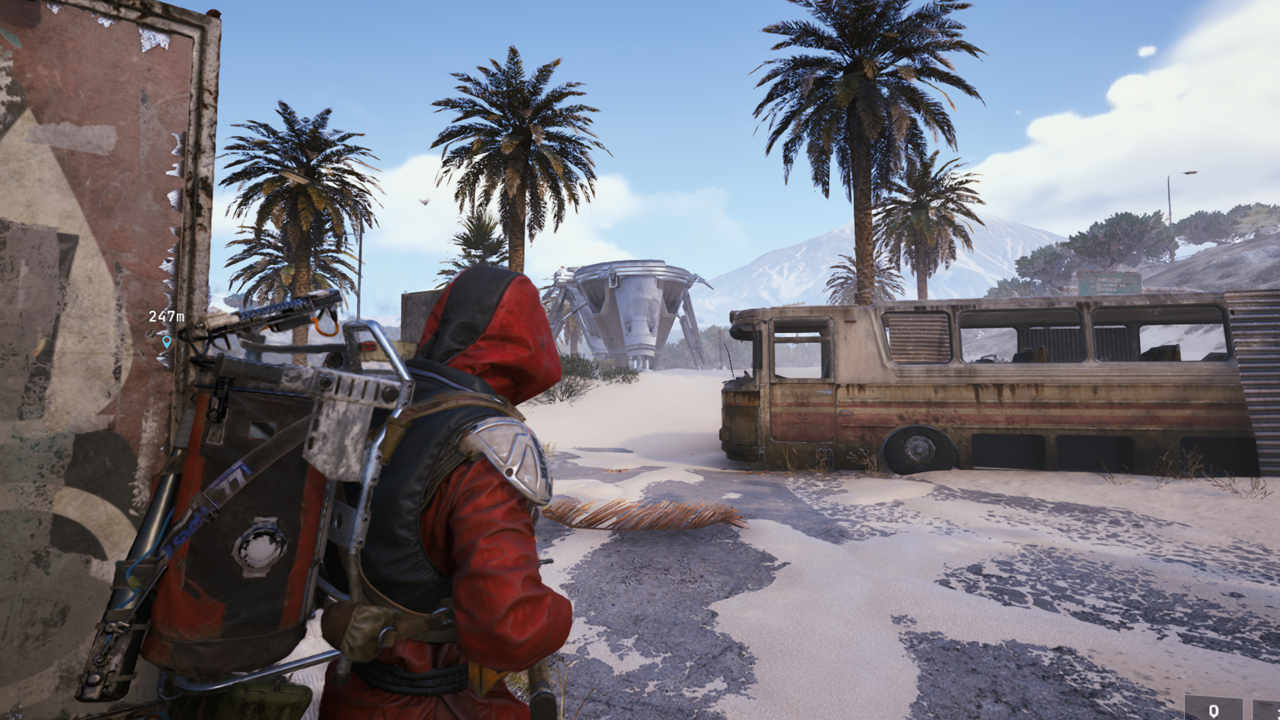 Arc Raiders new blueprints: A player looking at a Turbine enemy in the distance, between trees and a bus.