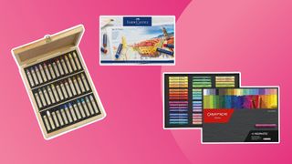 best oil pastels - three types of pastel box on a pink background