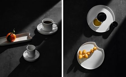 Two images shot from above, showing white porcelain tableware by Hussein Chalayan for Karaca