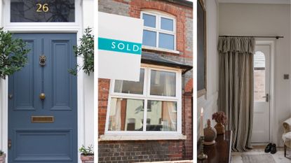 three images of houses with front door and sale sign to support an article on things I wish I had known before downsizing