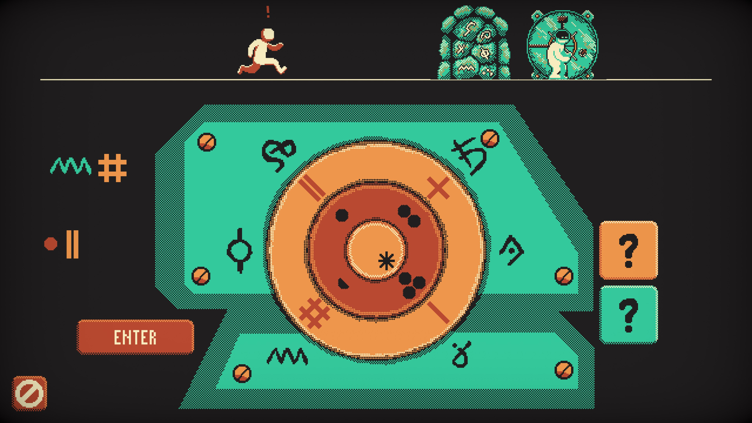 A screenshot showing a tumbler puzzle, above which is a representation of a guard running to catch a burglar attempting to open a locked vault door.