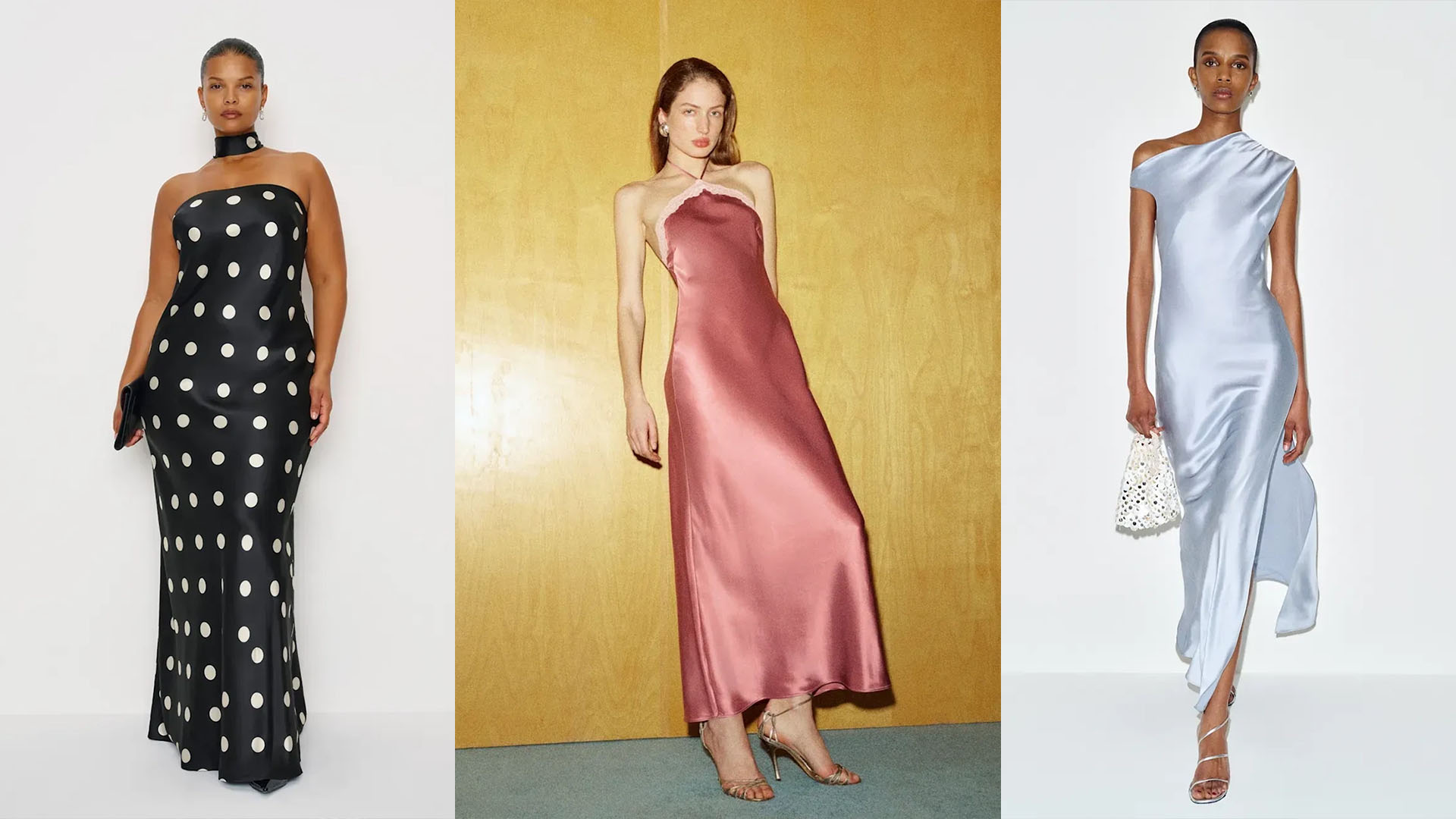 Collage of women wearing wedding guest dresses.