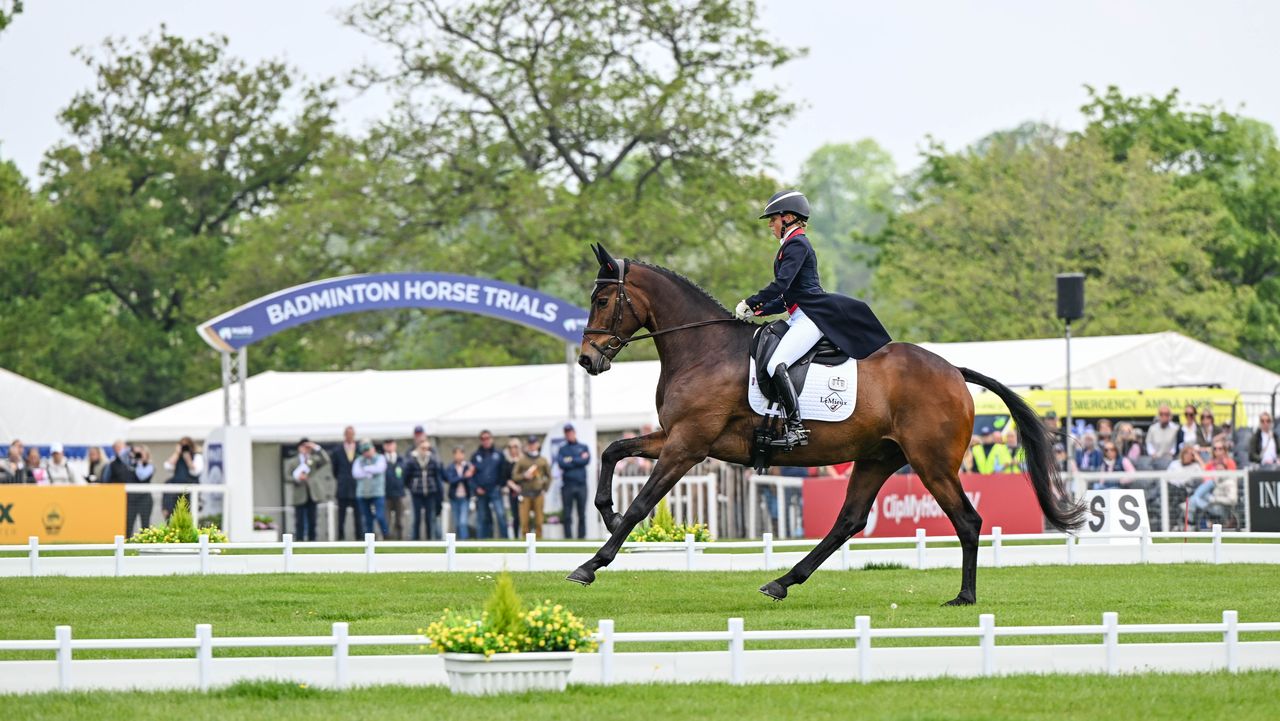 Ros Canter canters across the diagonal on Lordships Graffalo at Badminton Horse Trials 2026