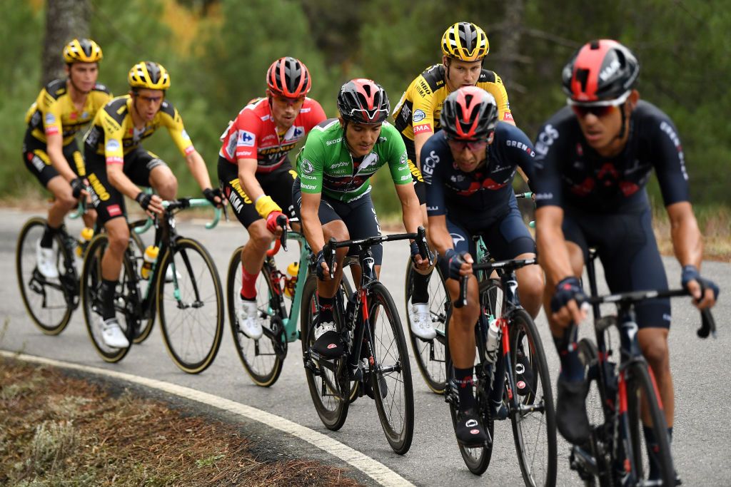 CIUDADRODRIGO SPAIN NOVEMBER 06 Primoz Roglic of Slovenia and Team Jumbo Visma Red Leader Jersey Lennard Hofstede of The Netherlands and Team Jumbo Visma Richard Carapaz of Ecuador and Team INEOS Grenadiers Green Points Jersey during the 75th Tour of Spain 2020 Stage 16 a 162km stage from Salamanca to Ciudad Rodrigo lavuelta LaVuelta20 La Vuelta on November 06 2020 in Ciudad Rodrigo Spain Photo by David RamosGetty Images