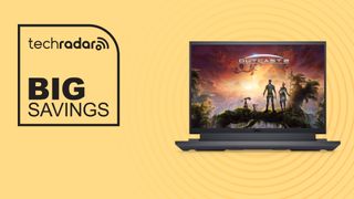 Dell G15 gaming laptop on yellow background with big savings text overlay