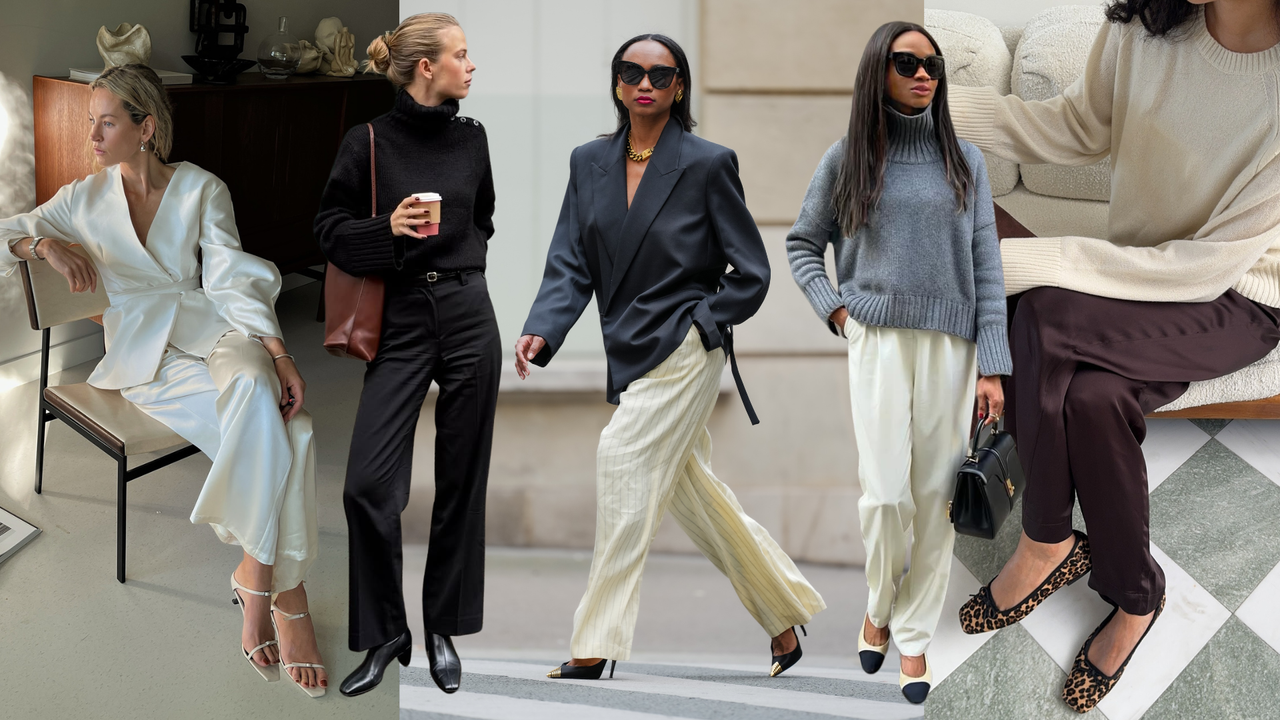 A collage of the best shoes to wear with satin trousers.