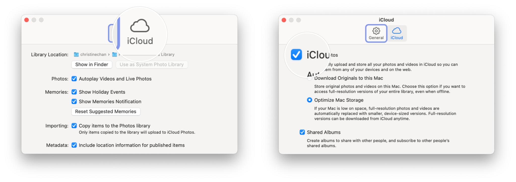Turn on iCloud Photos in Photos on Mac by showing: Click iCloud in the Preferences Menu, then check off the box for iCloud Photo Library
