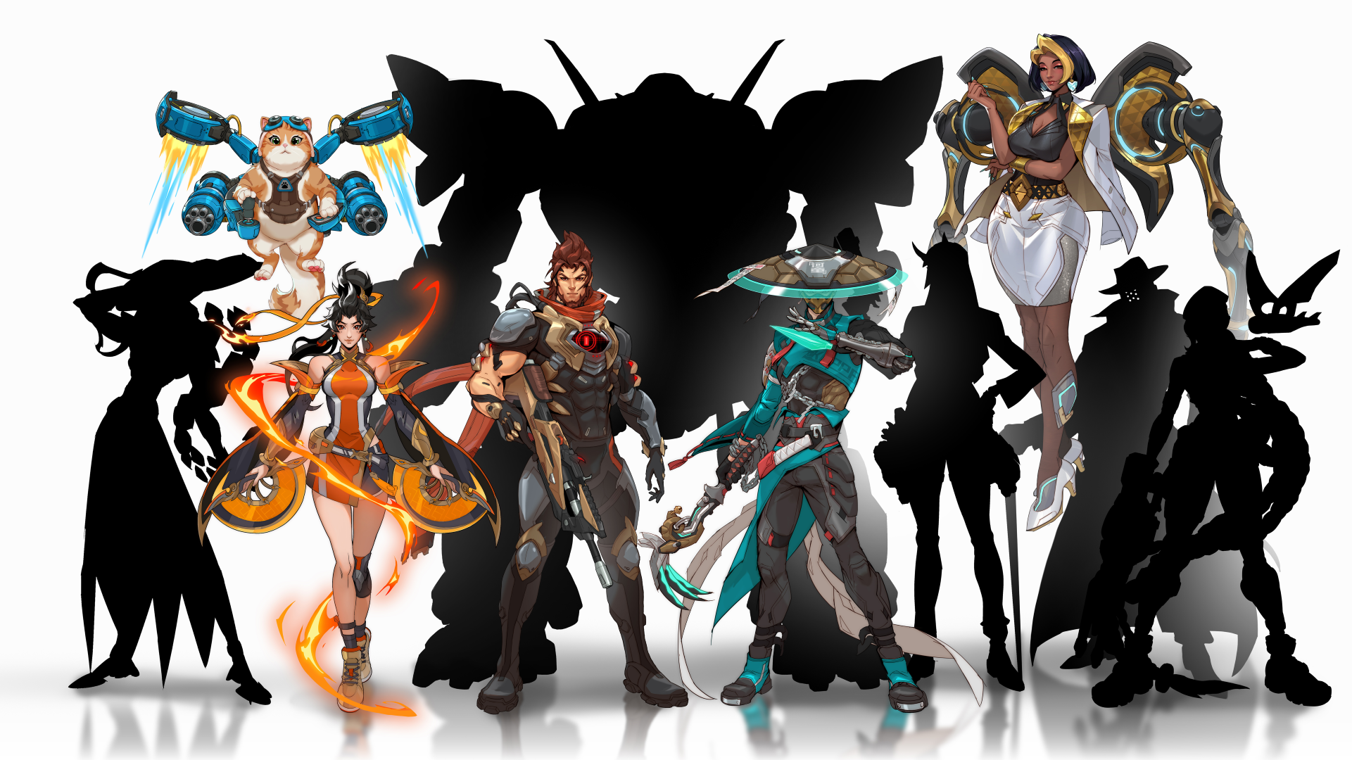 Picture of Overwatch's 2026 hero lineup, showing Anran, Jetpack Cat, Mizuki, Domina, and Emre standing next two five blacked out silhouettes.