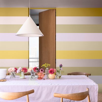 A dining room with painted stripes