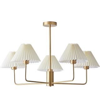 Kco Lighting 5-flammiger weißer Kronleuchter aus plissiertem Stoff, Mid-Century Modern Brush Gold Sputnik-Hängelampe, traditionelle Esszimmer-Hängelampe über dem Esstisch