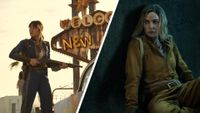 A split image showing Ella Purnell as Lucy MacLean in Fallout, and Rebecca Ferguson as Juliette Nichols in Silo.