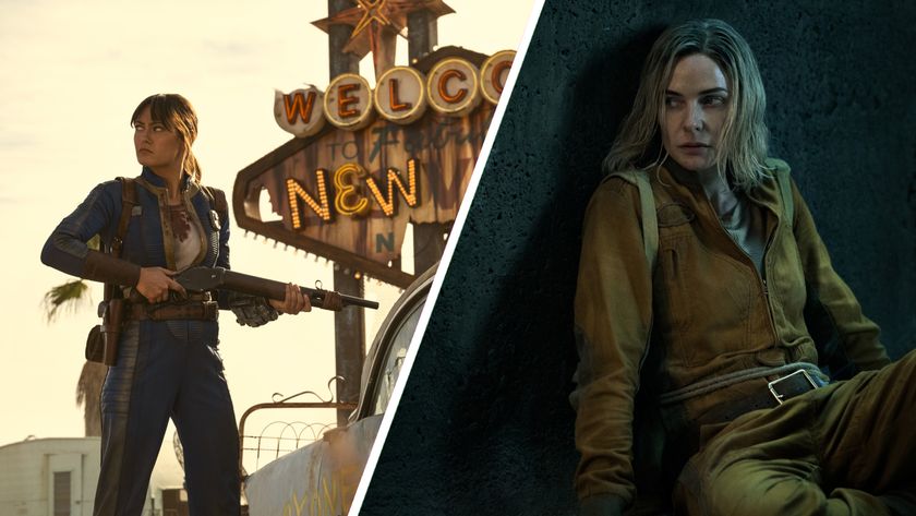 A split image showing Ella Purnell as Lucy MacLean in Fallout, and Rebecca Ferguson as Juliette Nichols in Silo.