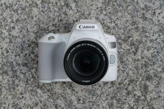 Et hvitt kamera av typen Canon EOS 250D ligger på en grå flate.