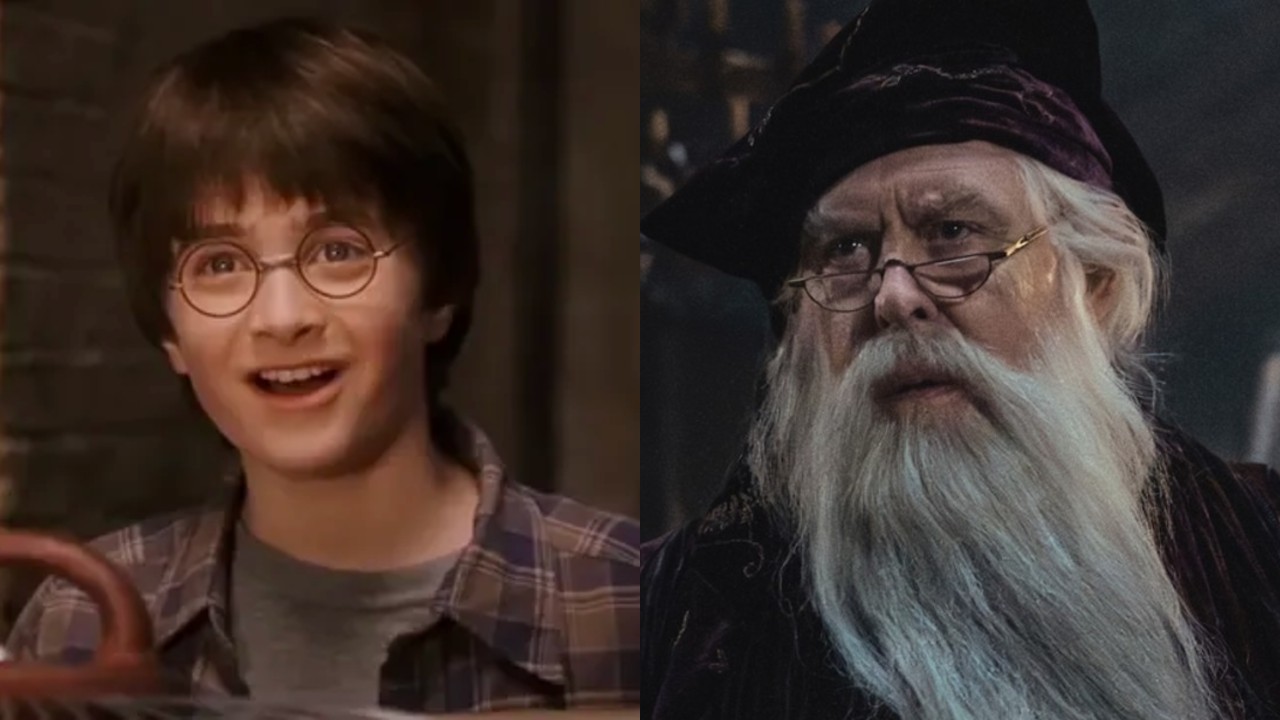 From left to right: Daniel Radcliffe as Harry Potter in the first movie, and John Lithgow as Dumbledore in the first season of the HBO show. 