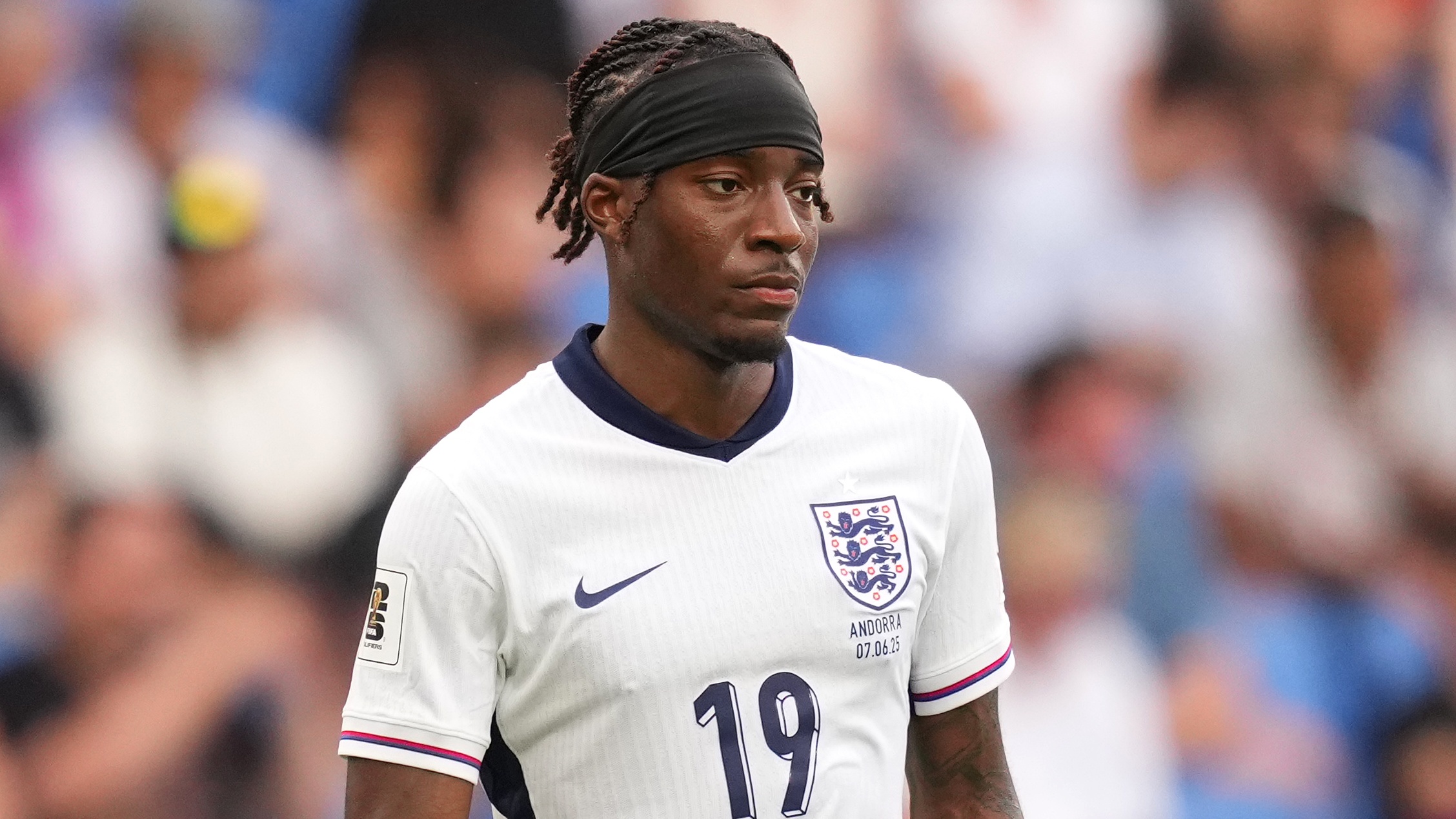 Noni Madueke looks on during England&#039;s 1-0 victory over Andorra.