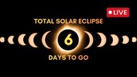 the background is an image of a total solar eclipse there is a "live" graphic in the top right corner and the worlds "total solar eclipse" "days to go" in the center. In the middle there is a 6 inside the eclipsed sun to show the countdown to the eclipse.