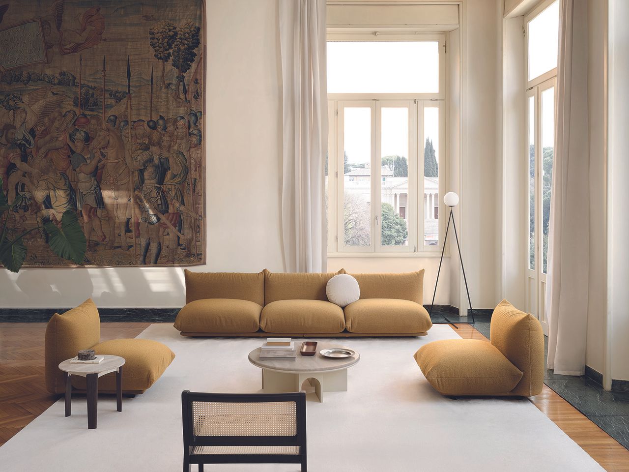 yellow sofa in a grand modern living room